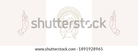 Magic woman face with halo and female praying hands gestures in boho linear style vector illustrations set. Elegant bohemian emblems line art feminine symbols for mystic logo and cosmetic packaging