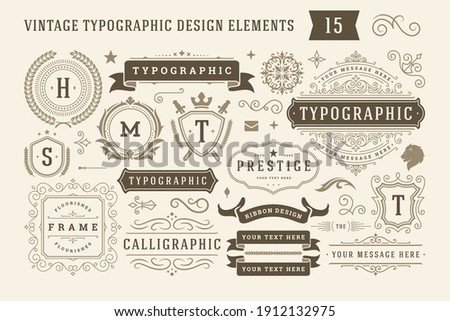 Vintage typographic design elements set vector illustration. Labels and badges, retro ribbons, luxury ornate logo symbols, calligraphic swirls, flourishes ornament vignettes and other. Сток-фото © 