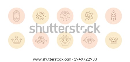 Set of icons and emblems for social media stories highlight covers in linear style vector illustration. Magic drawings with feminine signs and mystic boho elements for beauty blogger or makeup artist.