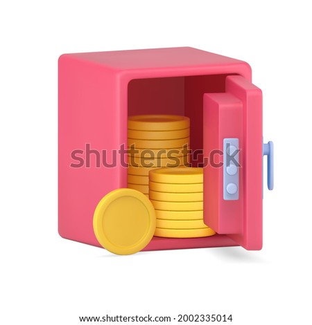 Open bank safe with gold coins 3d realistic icon. Pink armored vault with columns of circles made precious metal. Financial growth of deposits and protection money savings. Vector realistic icon