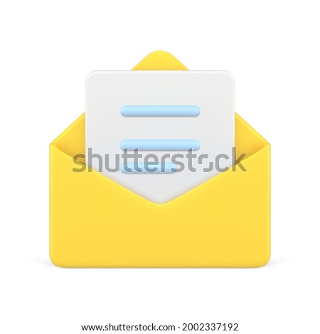 Document in yellow 3d envelope. White volumetric sheet of paper with blue text. Read online message. Realistic symbol communication. Business news and invitations. Vector icon isolated template