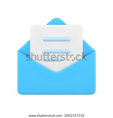 Message in blue 3d envelope. Marketing volumetric sheet of paper with text. Read document online and digital communication. Business news and invitations. Vector icon isolated template