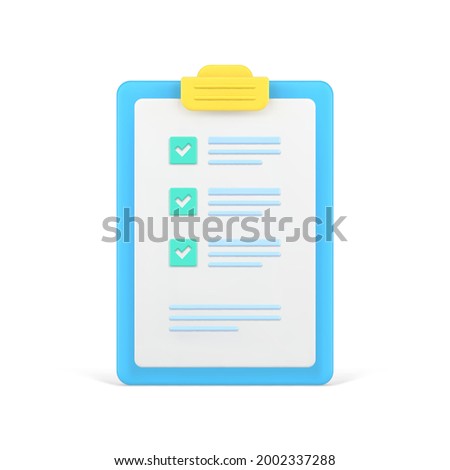Checklist on 3d clipboard paper. Document in test form with check marks and stripes abstract questions. Questionnaire with notes. Plan for implementation of tasks. Vector icon isolated