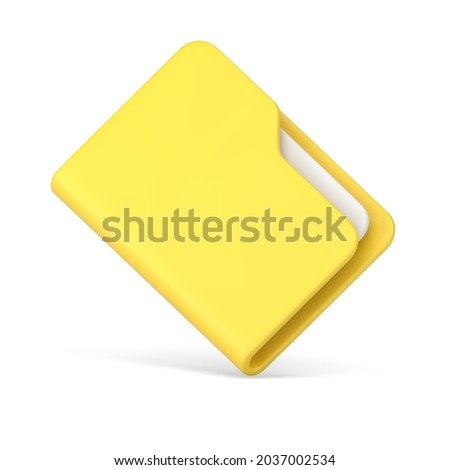Office yellow folder with papers 3d icon. Closed plastic file with documentation. Stored working data in special directory. Collected online portfolio for presentation. Isolated realistic vector