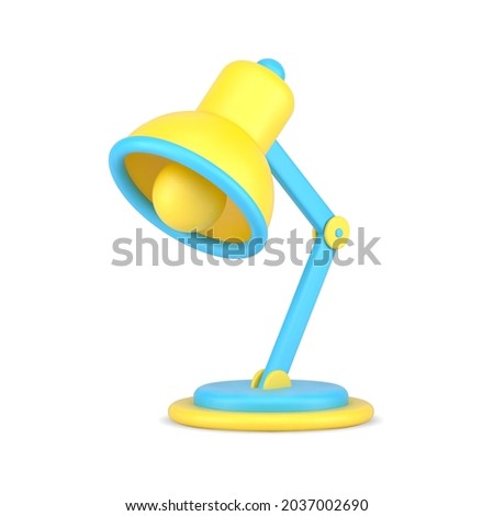 Table lamp with light bulb 3d icon. Volumetric equipment on blue leg. Interior design for lighting workplace at home and in office. Business spotlight of new creative ideas. Realistic isolated vector