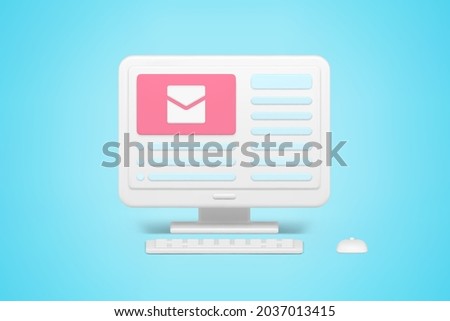 Online newsletter and mail 3d icon. Mail envelope on monitor screen with options for web actions. Site applications for social communication and receiving advertising spam. Realistic isolated vector