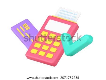 Contactless POS terminal payment with credit card and bill receipt accepted by check mark 3d isometric icon vector illustration. E payment or e commerce retail use digital electronic device isolated