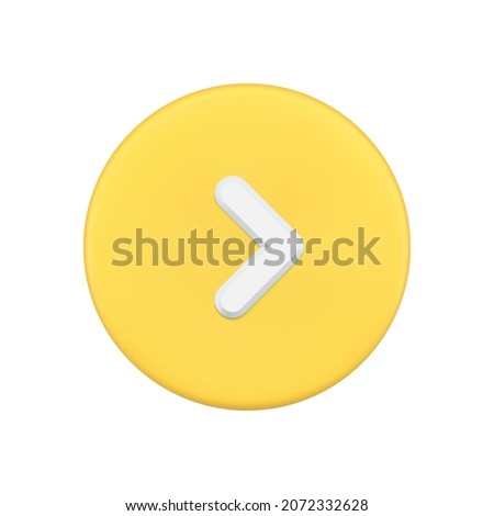 Arrow pointing right direction at yellow circle button 3d icon vector illustration. Navigation pointer or rewinding badge isolated. Moving process choice cursor or pointer. Forward orientation marker