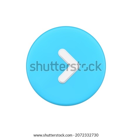 Blue simple arrow pointer of direction in circle button 3d vector illustration. Interface badge application with right navigation sign isolated. Logotype cursor for rewinding to next or forward upload