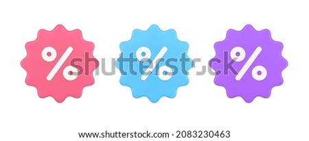 Bright percent circled 3d icon template with ragged edges vector illustration. Rounded red, blue, purple percentage financial symbol for sale, discount, price tag, special offer, black friday isolated