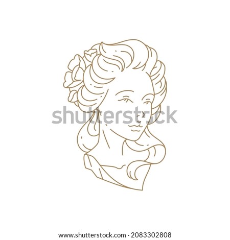 Elegant mythology Greek goddess woman bust lineart vector illustration. Medieval monument beautiful female with blossom in hair isolated on white. Monochrome simple icon fashion logo Stok fotoğraf © 