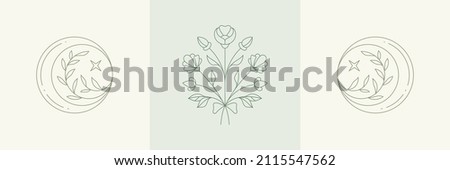 Monochrome esoteric elegant natural flowers bouquet with stars half moon greeting invitation card decorative design. Simple logo gardening farm botanical romantic hand drawn modern decor vector
