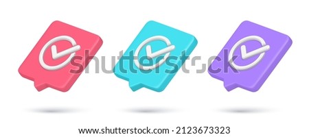 Collection checkmark in circle complete done ok 3d icon realistic vector illustration. Set check mark quick tips internet notification accept agreement positive vote choice identity approved mockup
