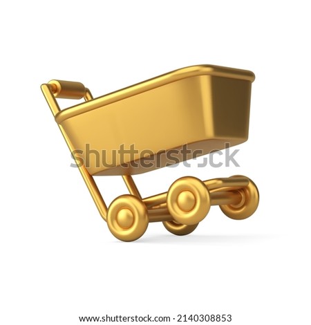 Realistic 3d icon diagonal displaced golden luxury supermarket trolley isometric vector illustration. Hypermarket shopping cart with handle wheels goods carrying move transportation. Pushcart badge