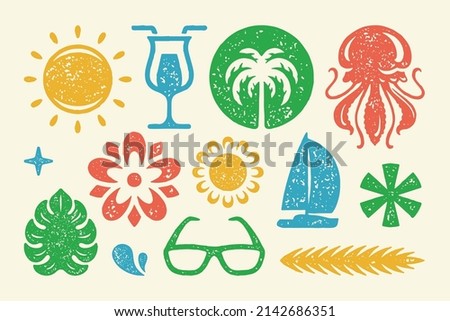 Summer symbols and objects set vector illustration. Tropical sun with palm tree and blossoming flower. Sunglasses with leaf and drops. Abstract stars with cool cocktail. Vector flat illustration