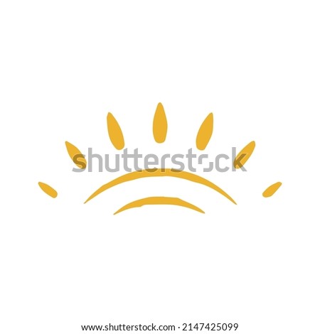 Cute minimalist sun arch shape and bright yellow beams childish hand drawn grunge texture vector illustration. Monochrome simple half sunny symbol of sunset, sunrise and sundown isolated