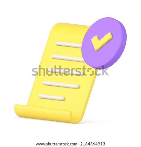 Confirmed approved document curved paper yellow sheet text information 3d icon realistic vector illustration. Business blank legal assignment file form documentation decorative design isolated