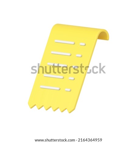 Yellow glossy bill banking payment document curved shape diagonal placed decorative design 3d icon realistic vector illustration. Paying commercial receipt blank business financial expenses retail