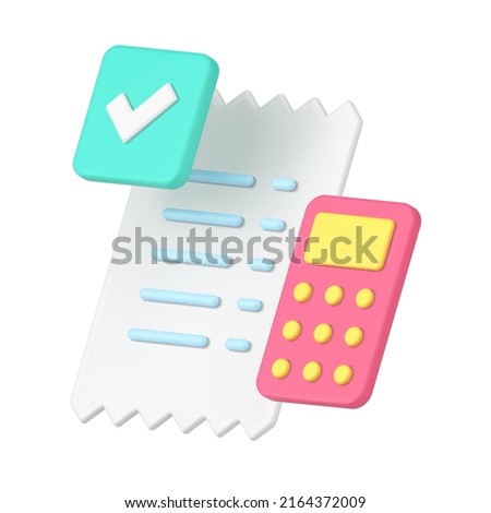 Successful financial budget checking paper ragged paycheck and calculator realistic 3d icon vector illustration. Accounting business payment checking data information banking service notification