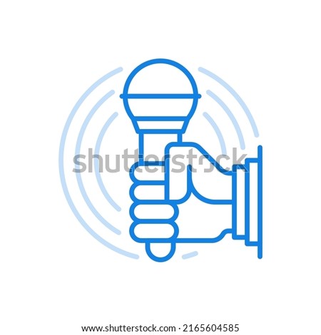 Hand holds microphone vector line icon. Equipment for media communication and music concerts. Latest news events and broadcasting with investigative journalism. Studio acoustic recordings.