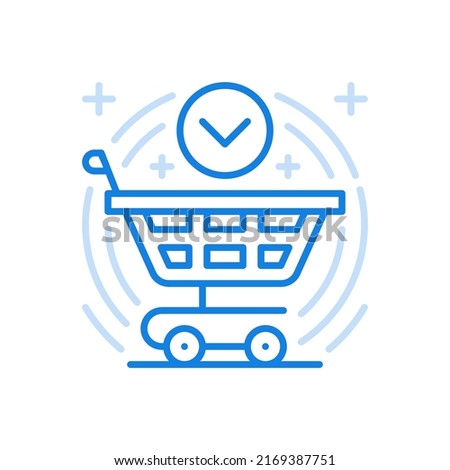 Filled shopping cart vector line icon. Basket on wheels with check mark in circle. Online application distribution retail and fast delivery. Purchase supermarket goods from market and shop. .