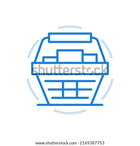 
Cart filled with shopping vector line icon. Day sale and purchase products in reserve. Download goods delivery from market and supermarket. App online distribution retail fast delivery.
