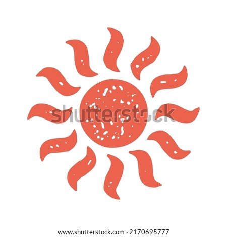Red burning decorative sun with fire curved beams circle design grunge texture vector illustration. Amazing natural sunny solar sunrise, sunset, sundown, morning or evening isolated on white