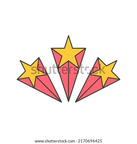Three yellow five pointed shining stars galaxy glow achievement composition pop art groovy style t shirt print vector cartoon illustration. Anniversary award best comic sticker insignia isolated