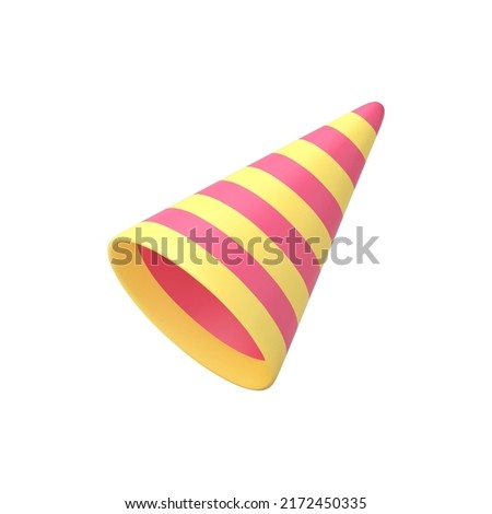 Striped cone hat birthday festive celebration headdress accessory realistic 3d icon vector illustration. Holiday event funny surprise costume yellow pink cap diagonally placed festival entertainment