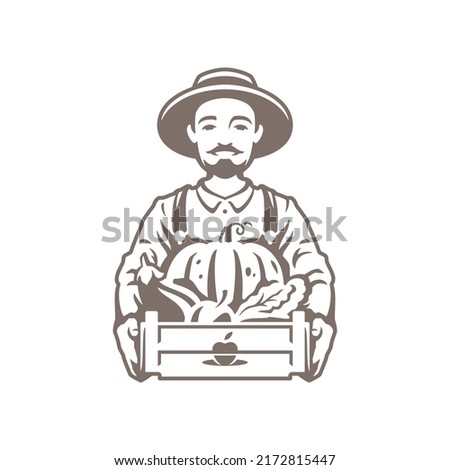Italian agricultural man mustache in hat holding wooden box organic harvest autumn seasonal vegetables monochrome vintage icon vector illustration. Male farmer gardener portrait with rural crop market
