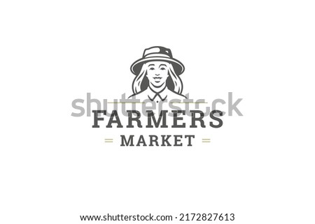 Minimalist smiling female farmer in hat portrait local agriculture production logo design template vector illustration. Woman livestock worker seasonal vegetable harvest crop cultivation premium mark