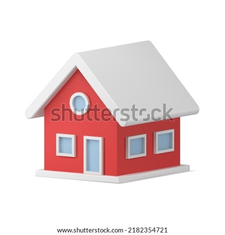 Traditional cozy Christmas tree decor red private house with white roof isometric realistic decorative toy vector illustration. Cosiness Xmas magic bauble countryside cottage with window and door