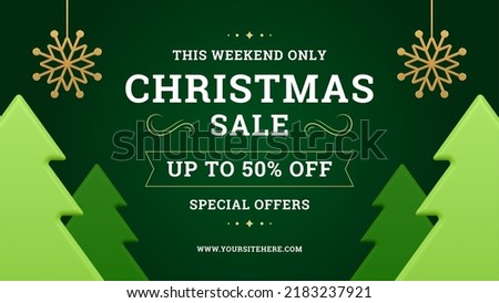 Christmas sale decorative banner template green fir trees and snowflakes toy 3d icon vector illustration. Xmas discount seasonal winter shopping special offer price off marketing poster advertising