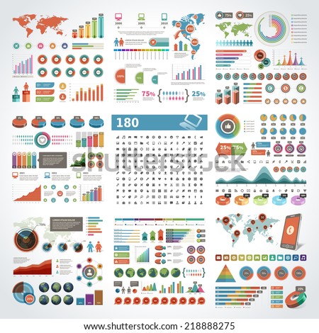 Infographics Design Templates set. Charts, diagrams, objects, vector elements for data and statistics design and 180 icons