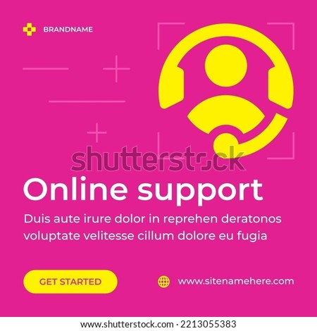 Online customer support service operator in headset pink social media post vector illustration. Internet assistance client help aid contact call center helpline hotline helpdesk advise communication