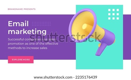 Email marketing public announce business digital technology megaphone promo social media banner 3d icon vector illustration. Commercial network mailing list communication strategy optimization