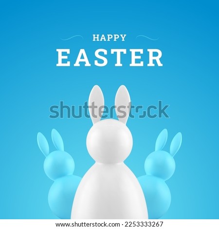 Easter bunny bauble congratulations 3d social media post rabbit festive design template realistic vector illustration. Hare toy tumbler blue white animal character Christianity holiday celebration
