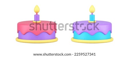 Birthday cake with one burning candle melting icing sweet delicious 3d icon set realistic vector illustration. Anniversary greeting dessert surprise food confectionery pastry glaze eat celebration