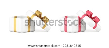 Gift box open greeting wrapped container with bow ribbon for holiday festive celebration 3d icon set realistic vector illustration. Present package cardboard case for birthday anniversary party