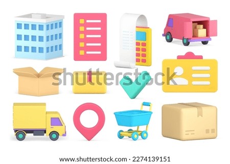 Cargo courier delivery postal service commercial payment purchase transportation set 3d icon realistic vector illustration. Shipping cardboard box list goods buying online shopping freight van vehicle