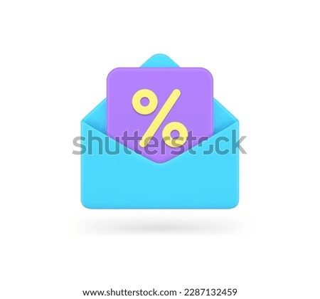 Sale discount coupon message mailing list commercial promo marketing 3d icon realistic vector illustration. Shopping financial special offer voucher open envelope business clearance price off announce
