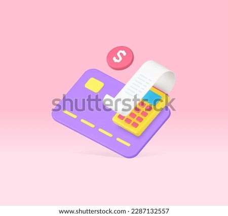 Card payment success cashless financial banking transaction complete 3d icon realistic vector illustration. Commercial accounting e money transfer shopping goods purchase POS terminal receipt bill