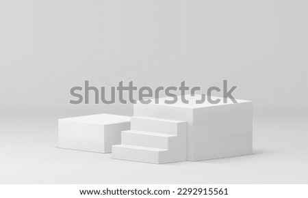 White 3d pedestal with staircase steps retail merchandise basic foundation realistic vector illustration. Podium stairs construction for climbing display showcase award arena rectangle square platform