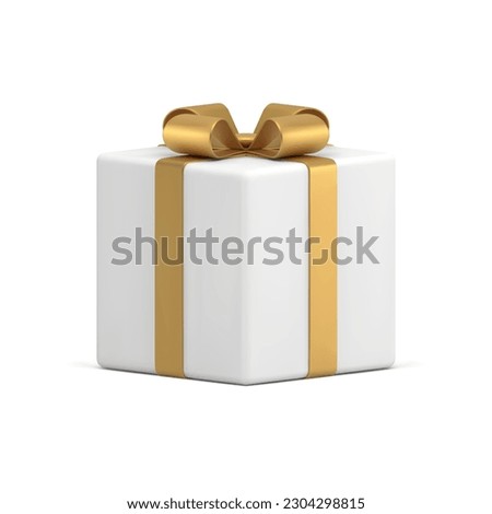 White gift box golden bow ribbon festive present surprise 3d icon realistic vector illustration. Prize congratulations cardboard container for holiday celebration closed squared birthday decor design