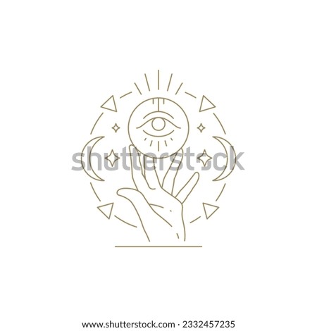 Human palm holding all seeing eye surrounded by half moon and stars circle minimalist frame line art vector illustration. Spiritual hand practicing magic with antique esoteric occultism symbol