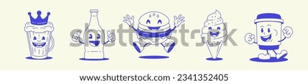 Funny food and drink cartoon characters set beer bottle burger ice cream coffee retro 30s animation style line art icon vector illustration. Cute cheerful minimal emoticon with smile face leg and hand