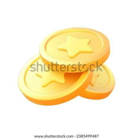 Heap of golden coin metallic cash money with star award 3d icon realistic vector illustration. Stack of financial currency profit earnings yellow banking wealth financial economy game reward casino