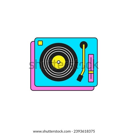 Y2k retro turntable vinyl record player for music playing cartoon element groovy style icon vector flat illustration. Vintage musical broadcasting technology top view trendy sticker for t shirt print