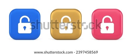 Open lock button cyberspace password security protection service 3d realistic blue gold and pink icons. Padlock accessibility unlock permission digital information safety guard web app