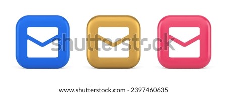 Email letter incoming message closed envelope mobile application button 3d realistic blue gold and pink icons. Mail newsletter electronic document app badge inbox correspondence contact